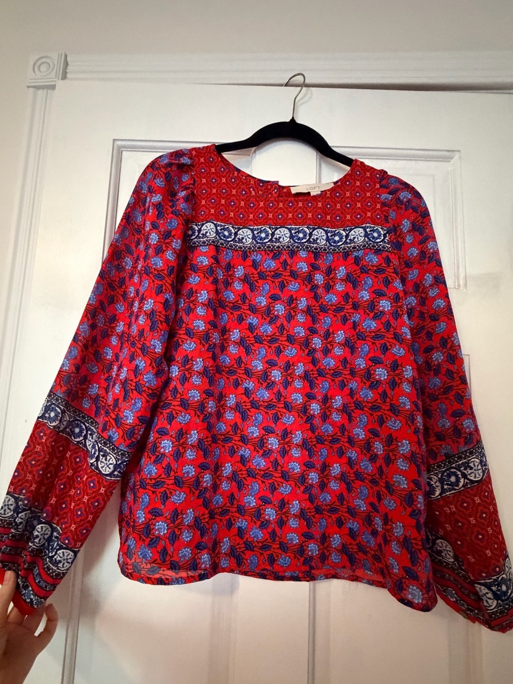 LOFT Red Floral Boho Long-Sleeve Blouse with Blue Accents